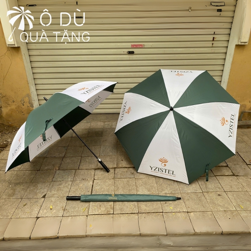 chi tiết Ô Dù Cán Thẳng Tự Động 1 Chiều Màu Xanh Phối Trắng In Logo OD-19