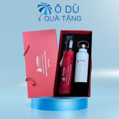 Bộ Quà 2 Món Ô Gấp 3 Và Bình Giữ Nhiệt Có Quai Xách In Logo OD-GS04