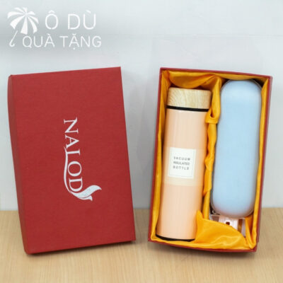 chi tiết Bộ Giftset Ô Dù Gấp Gọn Và Bình Giữ Nhiệt Nắp Gỗ In Logo OD-GS06
