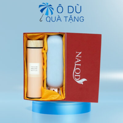 Bộ Giftset Ô Dù Gấp Gọn Và Bình Giữ Nhiệt Nắp Gỗ In Logo OD-GS06
