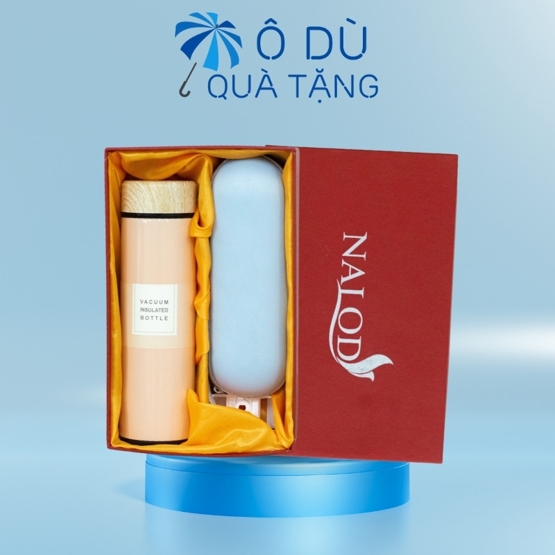 Bộ Giftset Ô Dù Gấp Gọn Và Bình Giữ Nhiệt Nắp Gỗ In Logo OD-GS06