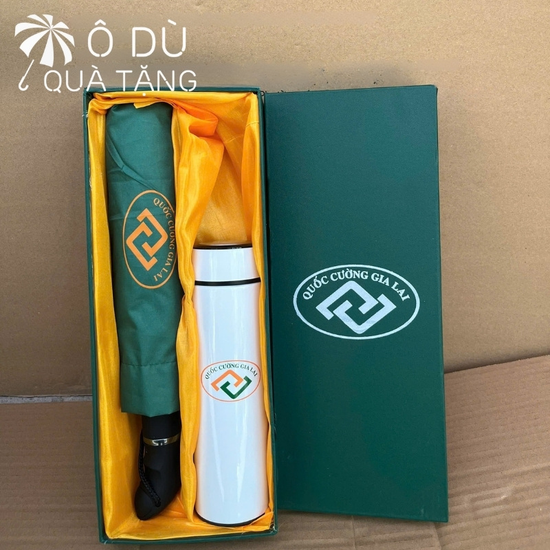 chi tiết đặc điểm Bộ Quà Tặng 2 Món Ô Dù Tự Động 1 Chiều Và Bình Giữ Nhiệt Hiển Thị In Logo OD-GS09