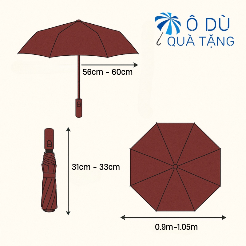 Kích thước ô dù cầm tay gấp 3