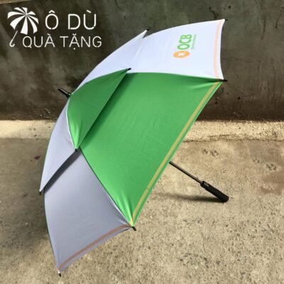 chi tiết Dù Cán Thẳng 2 Tầng Màu Xanh Lá Phối Trắng In Logo OCB OD-14