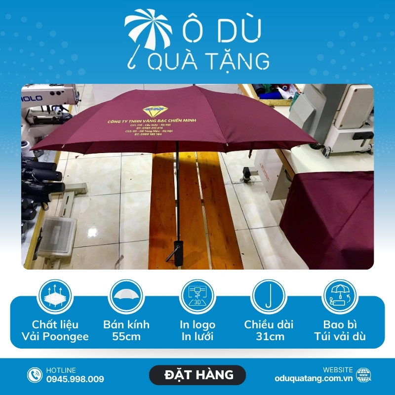 đặc điểm Dù Gấp 3 Tự Động 1 Chiều Màu Đỏ Đậm In Logo OD-13