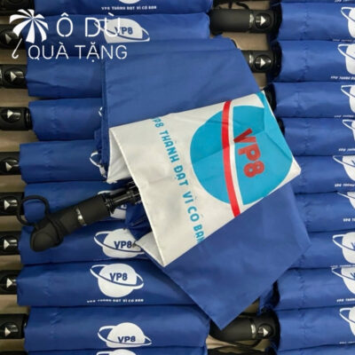 chi tiết Dù Cầm Tay Gấp 3 Bấm Mở Tự Động Màu Xanh Phối Trắng In Logo OD-42
