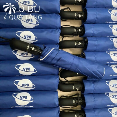 chi tiết Dù Cầm Tay Gấp 3 Bấm Mở Tự Động Màu Xanh Phối Trắng In Logo OD-42