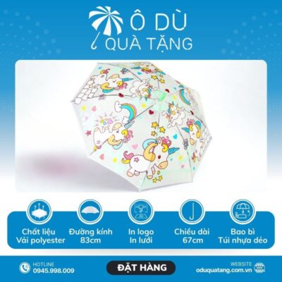 đặc điểm Ô Trẻ Em Polyester Trong Suốt Hình Unicorn Bấm Mở Tự Động 2 Màu In Logo OD-50