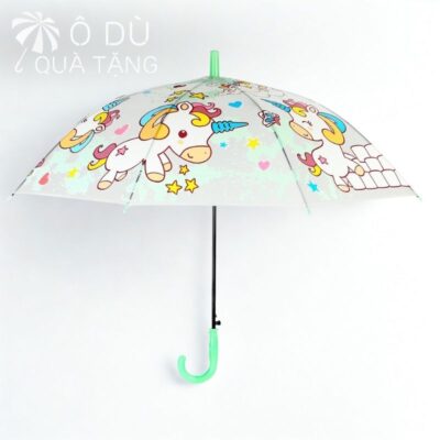 chi tiết Ô Trẻ Em Polyester Trong Suốt Hình Unicorn Bấm Mở Tự Động 2 Màu In Logo OD-50