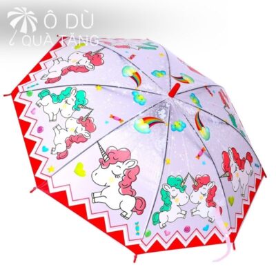 chi tiết Ô Trẻ Em Polyester Trong Suốt Hình Unicorn Bấm Mở Tự Động 2 Màu In Logo OD-50