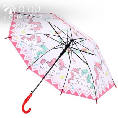 chi tiết Ô Trẻ Em Polyester Trong Suốt Hình Unicorn Bấm Mở Tự Động 2 Màu In Logo OD-50