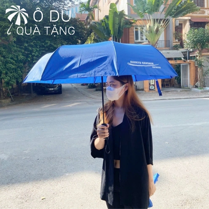 chi tiết Ô Dù Cầm Tay Gấp 3 Tự Động 1 Chiều Màu Xanh Dương In Logo OD-43