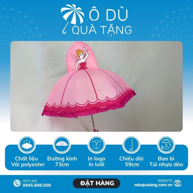 đặc điểm Ô Trẻ Em Tay Cong Hình Công Chúa 3D In Logo OD-46